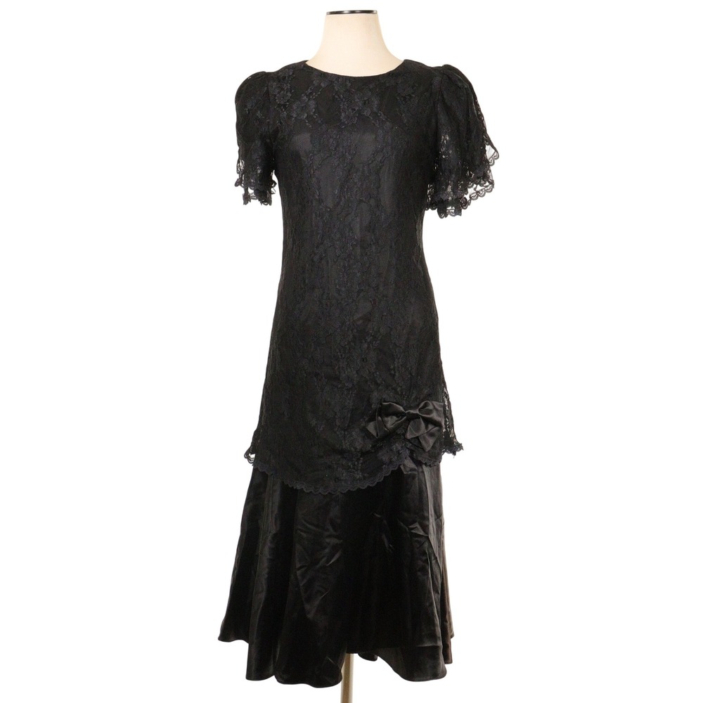 Vintage Victorian Goth Dress Lace Satin Bow Black Morticia USA Women 16